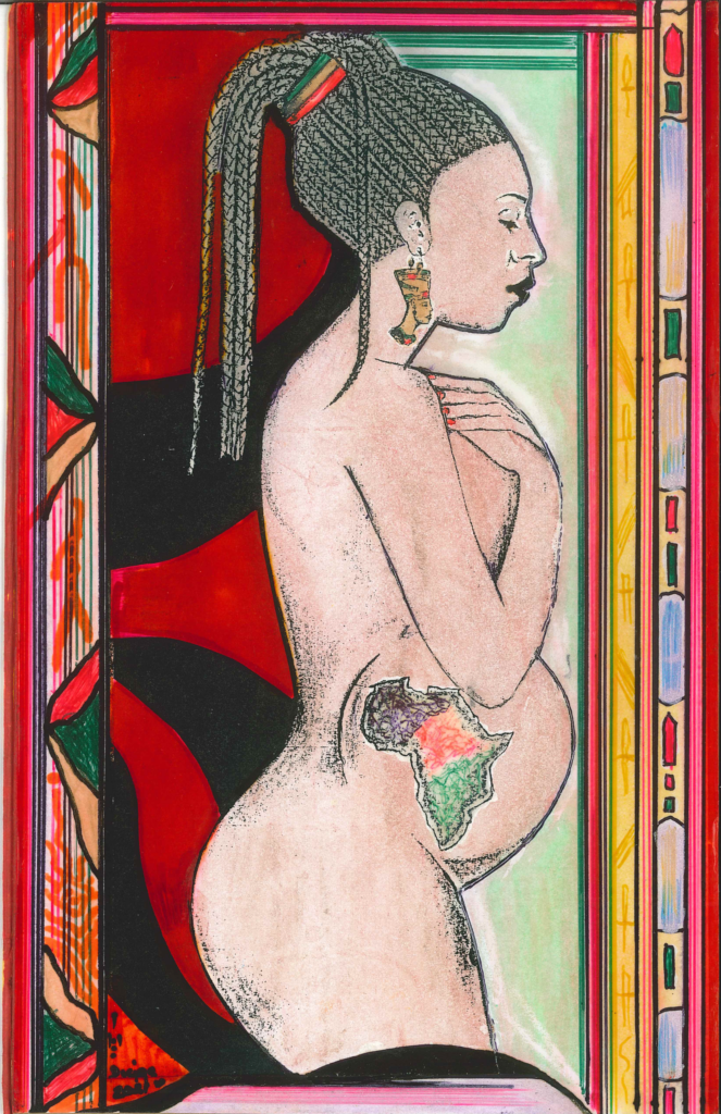 Painting of a nude pregnant woman covering her breasts, with the African continent on her belly.